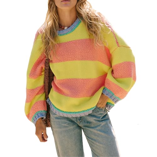 Women Vintage Sweaters Color Block Y2k Long Sleeve Preppy Oversized Knit Pullover Tops Downtown Girl Clothes