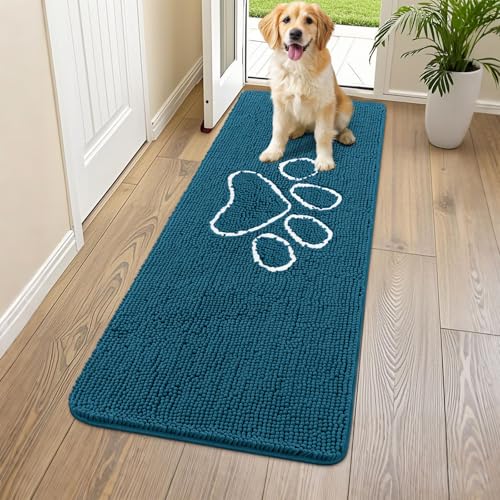 Image of Smiry Dog Door Mat for Muddy Paws, Absorbent Dirt Trapper Non Slip Quick Dry Washable Chenille Mat for Mud Dogs, Entry Rug for Indoor and Outdoor (59x24 Inches, Atlantic Blue and White)