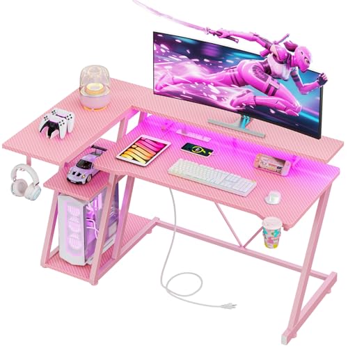 Image of Korfile 47 Inch Pink Gaming Desk with Power Outlet & LED Lights, Corner Computer Desk with 3 Tiers Storage Shelves, L Shaped Gaming Desk with Monitor Stand for Bedroom