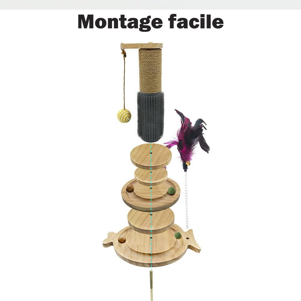 Marchul 5 en 1, Griffoir pour Chat avec Boule Suspendue, Jouet de Piste en Bois avec Plume à Ressort, Jouet d'intérieur interactif