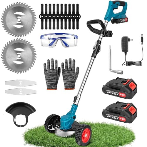 Coupe-bordures à batterie, tondeuse à gazon sans fil avec batterie de 2000 mAh et 3 lames de coupe, coupe-mauvaises herbes, outil pour jardin et cour,...
