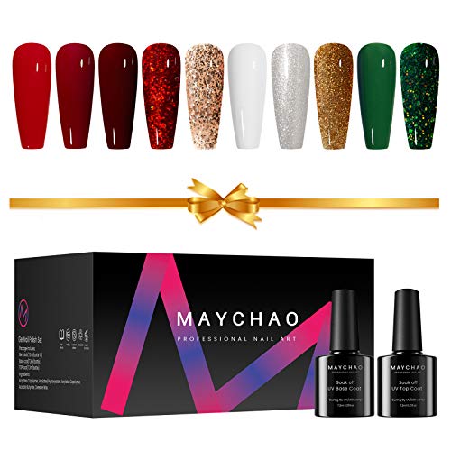 MAYCHAO Gel Nail Polish Set, 10 Colors Party Style Gel Nail Polish with Base and Top Coat Soak Off Nail LED Lamp Cured, White Red Green Glitter Gel Nail Polish Kit 7.3ml Each Bottle 12PCS