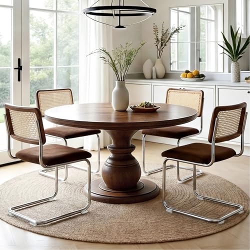 Image of Zesthouse Rattan Dining Chairs Set of 4, Mid Century Modern Dining Room Chairs with Natural Cane Mesh & Chrome Base, Brown Cesca Chair Chenille Fabric, Farmhouse Kitchen Chair with Solid Wood Back