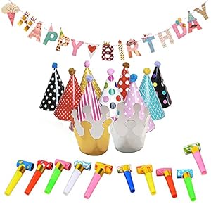 11 Stks Party Hoeden Papier Cone Verjaardag Hoeden met Pom Poms, kronen 10 Stks Party Blowouts en Verjaardag Banner Set…