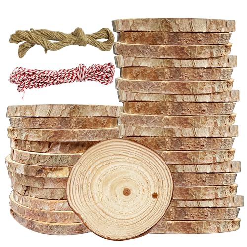 JAADU 30 Piezas Rodajas de Madera 7-8 cm con Agujeros, Troncos de Madera con Cuerda de 20 m para Bricolaje, Pintura, Decoraciones de Boda y Navidad