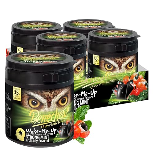 Benechew 4-Pack Sugar Free Gum with 35% Xylitol Guarana Extract Extra Strong Mint, 75 Pieces per Bottle with Wrapping Paper Natural Energy Boost for Work, Study, Driving Sports - image 1