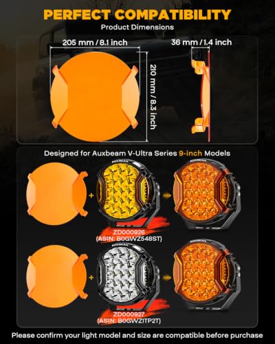 Image of Auxbeam V-Ultra Series 9-Inch Deep Amber Covers for Off-Road Lights 2-Pack | 2300K Dark Amber Tone, Smoked Tint Lens Covers, Snap-On Design, Offroad Lights Protector, Reduce Glare for Fog /Dust