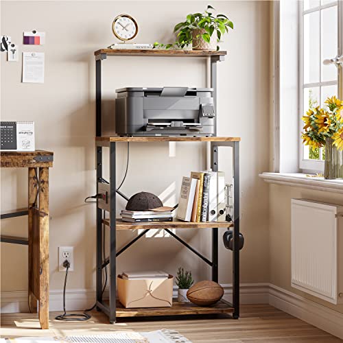 Bestier Bakers Rack With Power Outlet, 4-Tier Kitchen Microwave Stand, Coffee Bar With 6 S-Shaped Hooks, Rolling Storage Shelf Rack With Adjustable Shelf For Kitchen, Living Room - Rustic Brown #TOP5