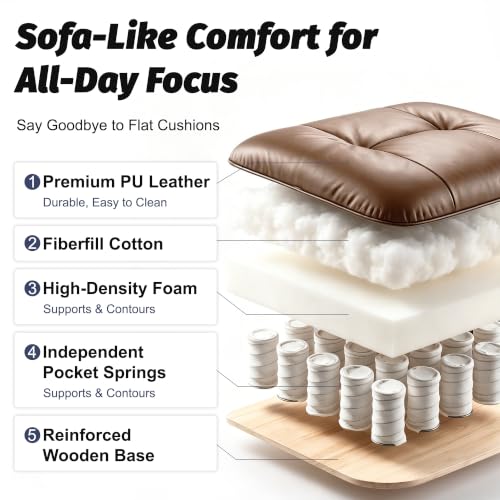 Image of Efomao Executive Office Chair 400lbs,Brown Big and Tall Desk Chair | Mattress-grade pocket spring cushion, sleek leather, 135 recline & footrest for computer gaming setup.