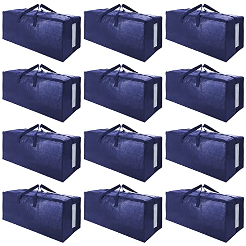 SWEET DOLPHIN 12 Pack Extra Large Moving Bags with Strong Zippers & Carrying Handles, Heavy Duty Storage Tote for Space Saving Moving Storage, Fold Flat, Alternative to Moving Box (Navy Blue)