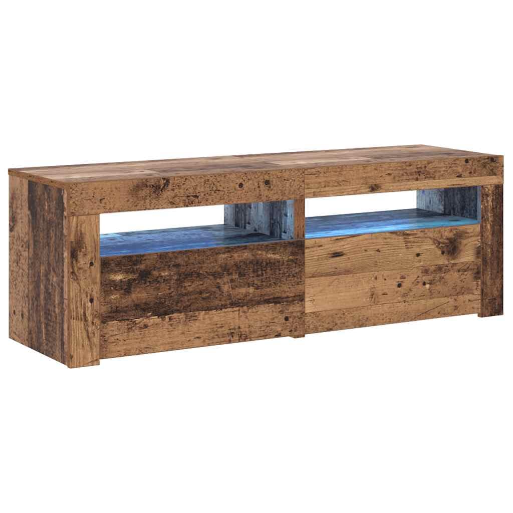 Szafka RTV pod TV z oświetleniem LED RGB, stare drewno, 120x35x40 cm, mebel z przestrzenią do przechowywania, półka dekoracyjna, idealna do salonu i sypialni, łatwy montaż, trwała płyta meblowa