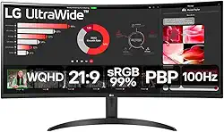Monitor LG UltraWide Curvo - Tela VA de 34”,2K WQHD 3440 x 1440, 21:9, sRGB 99%, HDR10, PBP, OnScreen Control, Modo Leitura e Flicker Safe, 100Hz, AMD FreeSync™ - 34WR50QC-B