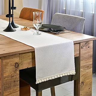 Kybele 100% Natural Linen Beige Table Runner with Pom Poms  Decorative and Stylish Table Runners for Dining Table, Coffee Table, and Kitchen Decor  Durable and Thick (35 x 180cm)