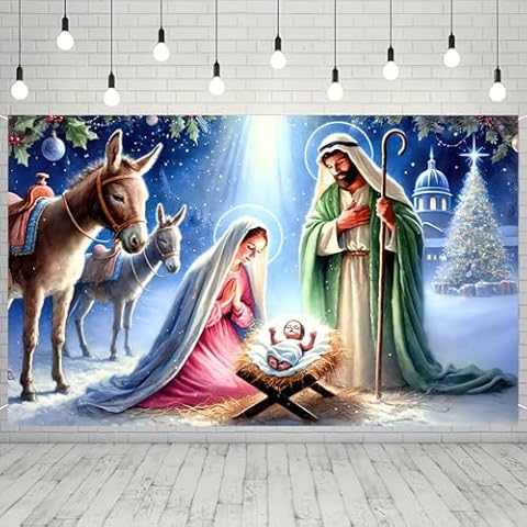 Nativity Scene Christmas Banner - 71x43 Inch Polyester Religious Photography Backdrop for Holiday Decor, Indoor/Outdoor by Blissyard Cover