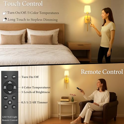Image of Battery Operated Wall Sconces Set of 2: Gold Rechargeable Wall Lights with Touch and Remote Control, Wireless Battery Powered Wall Scone Cordless Wall Lamp for Bedroom Living Room Bathroom Hallway