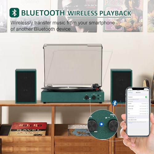Record Player with External Speakers, USB to PC Encoding, 33 45 78 RPM Vintage Bluetooth Turntable for Vinyl with Dual Stereo Speakers upport AUX-in RCA Out Headphone Jack, Green