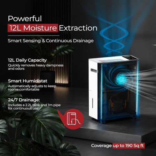 Image of Lifelong DrySense 12L Smart Compressor Dehumidifier for Home (Up to 200 Sq Ft) | 12L /D Capacity, Smart Humidistat, Laundry Mode, 245W Power, 2.2L Tank, 1m Continuous Drain Pipe & Castor Wheels