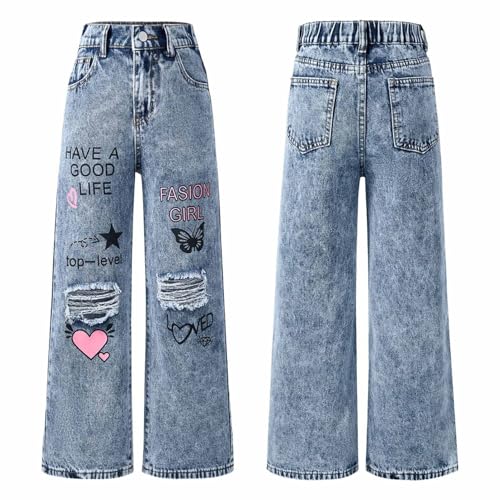 Aislor Kids Girls Letter Printed Ripped Jeans Wide Leg Baggy Denim Pants Casual Elastic Waist Y2K Trousers with Pockets3