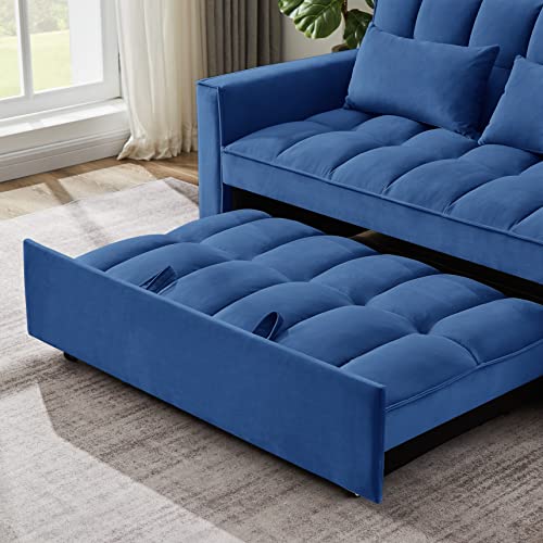 Klmm Modern Convertible Sofa Bed With Adjustable Backrest And 2 Lumbar Pillows, Velvet Loveseat Sleeper Sofa Couch With Pull-Out Bed For Small Spaces (Blue+Velvet9) #TOP6