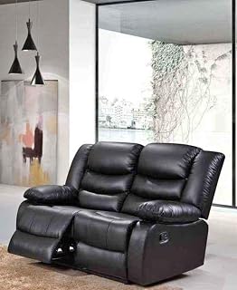Roma Leather Recliner Sofa with Cupholders - 2 Seater Sofa - Black (2 Seater), 165cm, BS107
