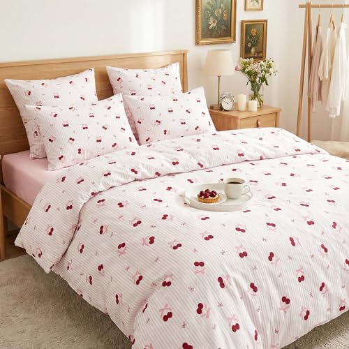 Image of Nayoroom Pink Striped Bow Duvet Cover Queen Size Red Cherry Duvet Cover 3 Pieces Soft Lightweight Microfiber Girls Cute Aesthetic Dorm Bedding Set with Zipper Closure