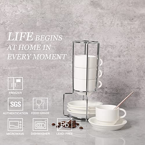 Miniatura 2 de Sweejar Home Tazas De Café Espresso De Porcelana Con Platillos, Tazas Apilables De Capuchino De 70 Ml Con Soporte De Metal Para Bebidas De Café, Café Con Leche, Té, Juego De 4 Blanco
