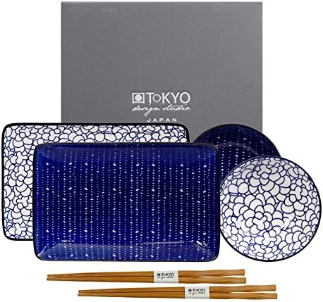 TOKYO design studio, Le Bleu de Nimes, sushi set, 6 pieces. 2 sushi plates, 2 sauce bowls, 2 pairs of wooden chopsticks. Sushi plate porcelain set.