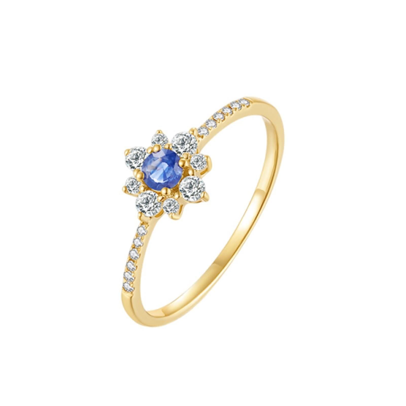 Pierścionek z żółtego złota 18 kt kobieta, 0,17 ct szafir kwiat z diamentem, pierścionki zaręczynowe damskie niebieskie złoto, rozmiar 16 (56 mm)