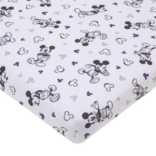 Image of Disney Mickey Mouse Gray, Black, and White Super Soft Nursery Fitted Mini Crib Sheet