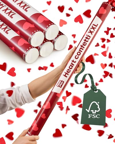 Partyjoker 5er Set Konfettikanone Herzen Rot XXL - Extra Groß & Extra viel Konfetti - FSC® Konfetti - 5-8 Meter Konfettistrahl