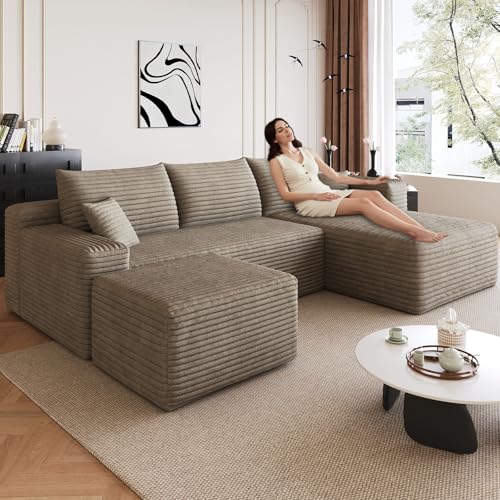 Image of 95 inch Modular Sectional Sofa with Ottoman, Modern Corduroy Cloud Couch with Deep Seat, Boneless Couch Upholstered 4-Seater U-Shaped Sofa for Living Room, No Assembly (Camel,Left-Facing Chaise)