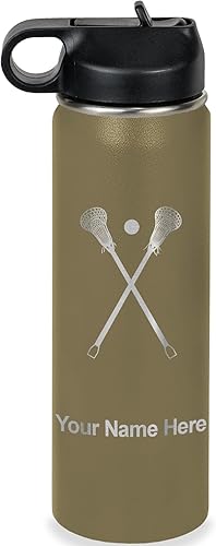 Vista 184 de LaserGram Botella de agua personalizada, palitos de lacrosse, acero inoxidable de doble pared aislada al vacío con popote superior, regalo grabado