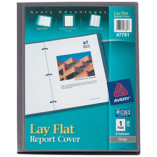 Avery Lay Flat Report Cover with 3 Plastic Fasteners Clear Front Window Holds up to 50 Sheets 1 Gray Cover (47781)