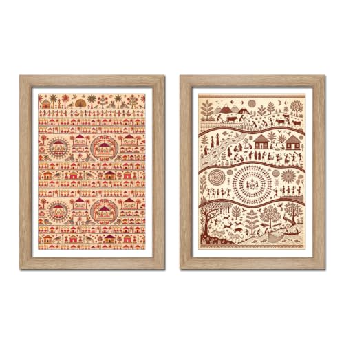 Image of TenorArts Traditional Tribal Folk Art Photo Frame Set of 2 , Indian Rural Arts Decor Wall Hanging Painting For Bedroom Living Room Cafe and Home decor / Minimal Drawing Framed Posters for Decoration (9x12 inches) [T2P-09T]