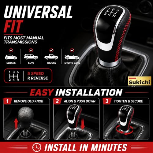 Image of Medirich Lifesciences SUKICHI Premium Manual Car Gear Knob | Universal Gear Shift Knob | Anti Slip Leather Finish Gear Lever | Sport Interior Upgrade Accessory | (Red Stitch, Black)