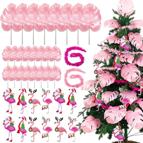 38 Pcs Flamingo Christmas in July Decorations Summer Christmas Tree Ornaments with Pink Tropical Monstera Palm Leaves and Plush Strip for Summer Hawaiian Beach Luau Aloha Birthday Party Supplies