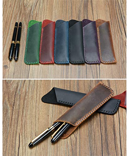 Image of Handmade Leather Double Pen Case Crazy Horse Leather Fountain Pen Pouch Protective Sleeve Cover
