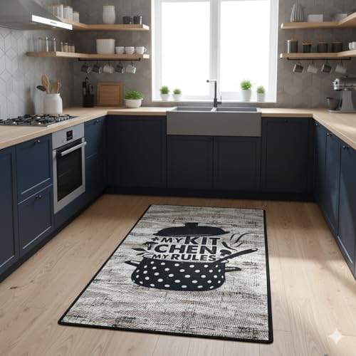 miqna Teppich Moderner Küchenteppich Gel Läufer Küchenläufer Grau Weiß Schwarz mit rutschfestem Bodenmuster mit Schriftzug Coffee Macchiato (Catinus, 80 x 200 cm)
