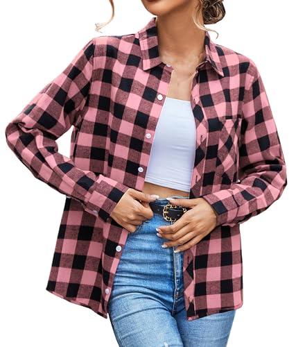 Image of SANGTREE Women and Girls Long Sleeve Flannel Casual Button Down Plaid Shirt