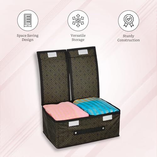 Image of Amazon Brand - Solimo Double Lid Foldable Storage Box | Toys Storage Bin | Wardrobe organizer for Clothes | Front Handle | Stackable Rack | 36 x 25 x 16 cm (Golden Dot, Black)