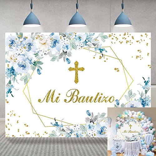 Toile de fond mexicaine Mi Bautizo 2,1x1,5m avec fleurs bleues pour décoration