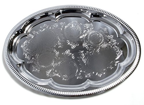 MARO MEGASTORE (Pack of 4 Elegant Floral Engraved Serving Tray Chrome Plated Steel Plate Platter Wedding Birthday Holiday Party Food Buffet Decor Shiny Silver Color (Oval 15.7 x 11.4) by MARO MEGASTORE - Used condition - Image 6