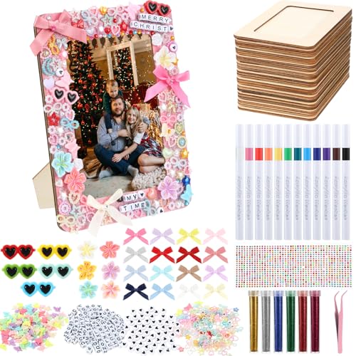 Suncalla DIY Wooden Picture Frames Craft Kit 4 x 6 Inch Wooden Picture Frames with Acrylic Pens Beads Mini Charms Gem Stickers Glitter for Crafts Graduation Birthday Wedding(10 Pcs Rectangular Shape)