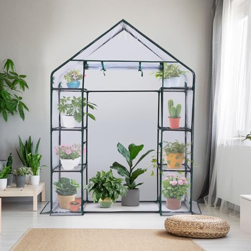 Image of Ohuhu Small Greenhouse for Outdoors: 4 Tiers 6 Shelves Walk-in Indoor Green House Heavy Duty Plant Stands Reinforced Plastic PVC Cover Mini Portable Warm House for Outside, 4.8x2.5x6.4 FT