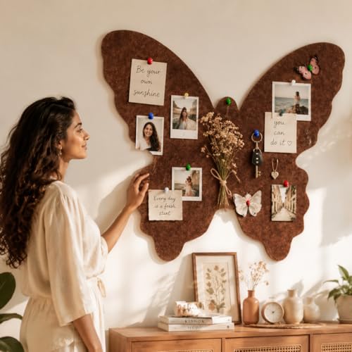 Image of Climberty Butterfly Felt Bulletin Board Corner Pin Board for Wall Photos, Notes, Postcards & DIY Decor, Memo Display Board with 50 Cards & 50 Push Pins for Home or Hostel Rooms, 80x70cm