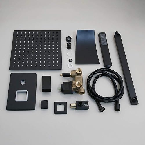 Miniatura 9 de Sistema de ducha negro para baño, cabezal de ducha cuadrado de lluvia de 8 pulgadas, montado en la pared, válvula mezcladora de 3 vías, boquilla de