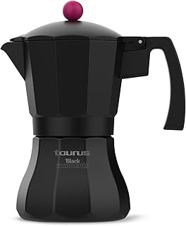 Taurus Black Moments 9 - Cafetera italiana, 9 tazas, base y filtro de acero inoxidable, mango ergonómico, válvula de seguridad, cierre de silicona para mayor seguridad, para todos los fuegos, negro