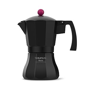 Taurus Black Moments 9 - Cafetera italiana, 9 tazas, base y filtro de acero inoxidable, mango ergonómico, válvula de seguridad, cierre de silicona para mayor seguridad, para todos los fuegos, negro