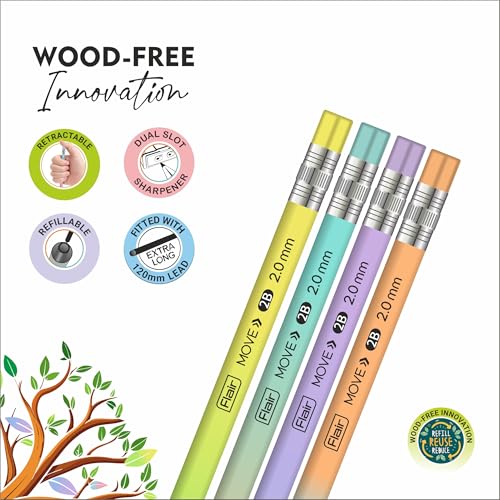 Image of Flair Move 2.0mm Mechanical Pencil Pack of 20 | Extra Dark 2B Lead | Refillable Eco-Friendly Pencils with 2 Sharpeners & 2 Erasers | Smooth Writing & Drawing for School,Office & Artists, Black