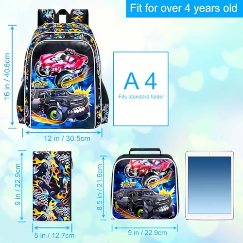 Image of 3Pcs Truck Backpack, 16 inch Boys Bookbag with Lunch Box, Kids School Backpacks Set for Elementary Preschool Kindergarten (Balck)